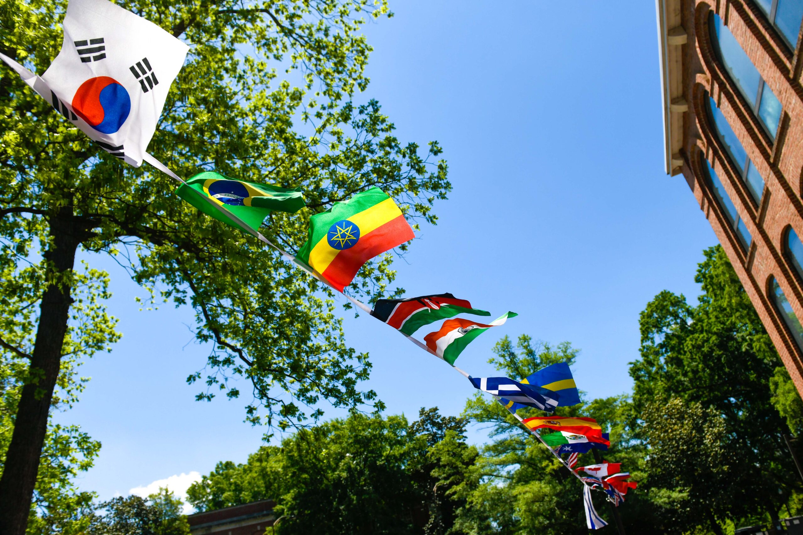 Flags on display in the Global Courtyard.