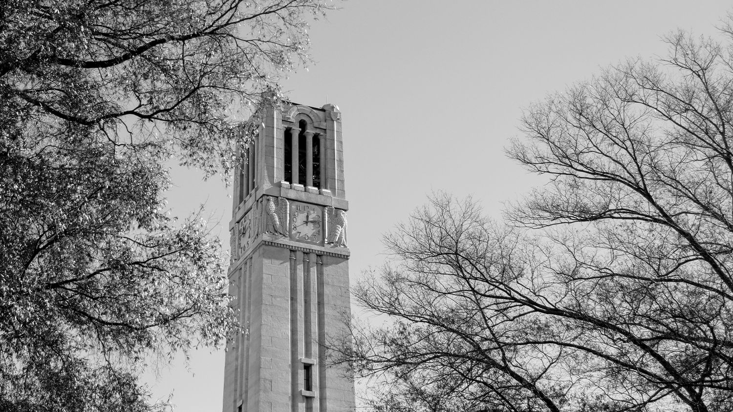 The NC State bell tower in black and white.