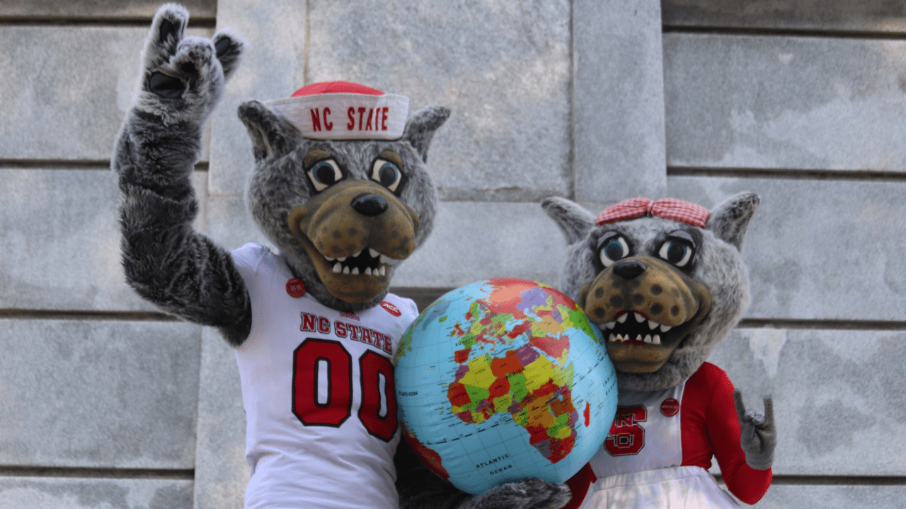 Mr. and-Mrs. Wuf with a globe.