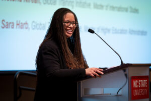 Doneka Scott speaking at the Global Engagement Honors & Awards Luncheon, 2024. Photo by Rebecca Kirkland.