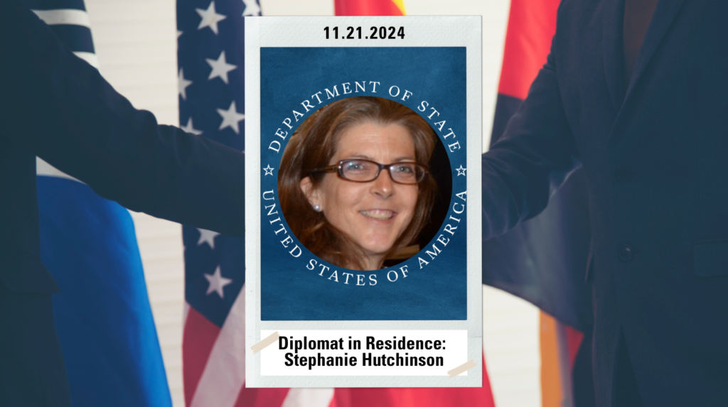 An image of two diplomats shaking hands and a profile photo of Diplomat Stephanie Hutchinson