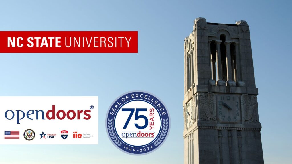 An image of the NC State bell tower with the Open Doors 75 seal of excellence.