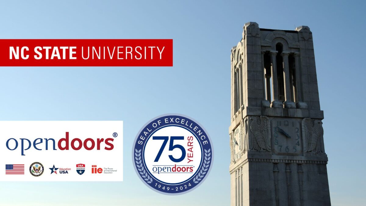 An image of the NC State bell tower with the Open Doors 75 seal of excellence.
