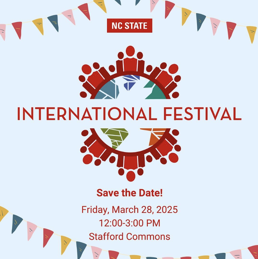 Graphic that reads, "International Festival, Save the Date! Friday, March 28, 2025, 12:00 - 3:00 PM, Stafford Commons"