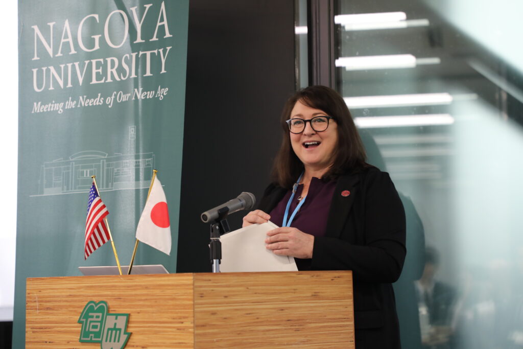 NC State Vice Provost for the Office of Global Engagement Amy Conger gives a speech at the celebration. 