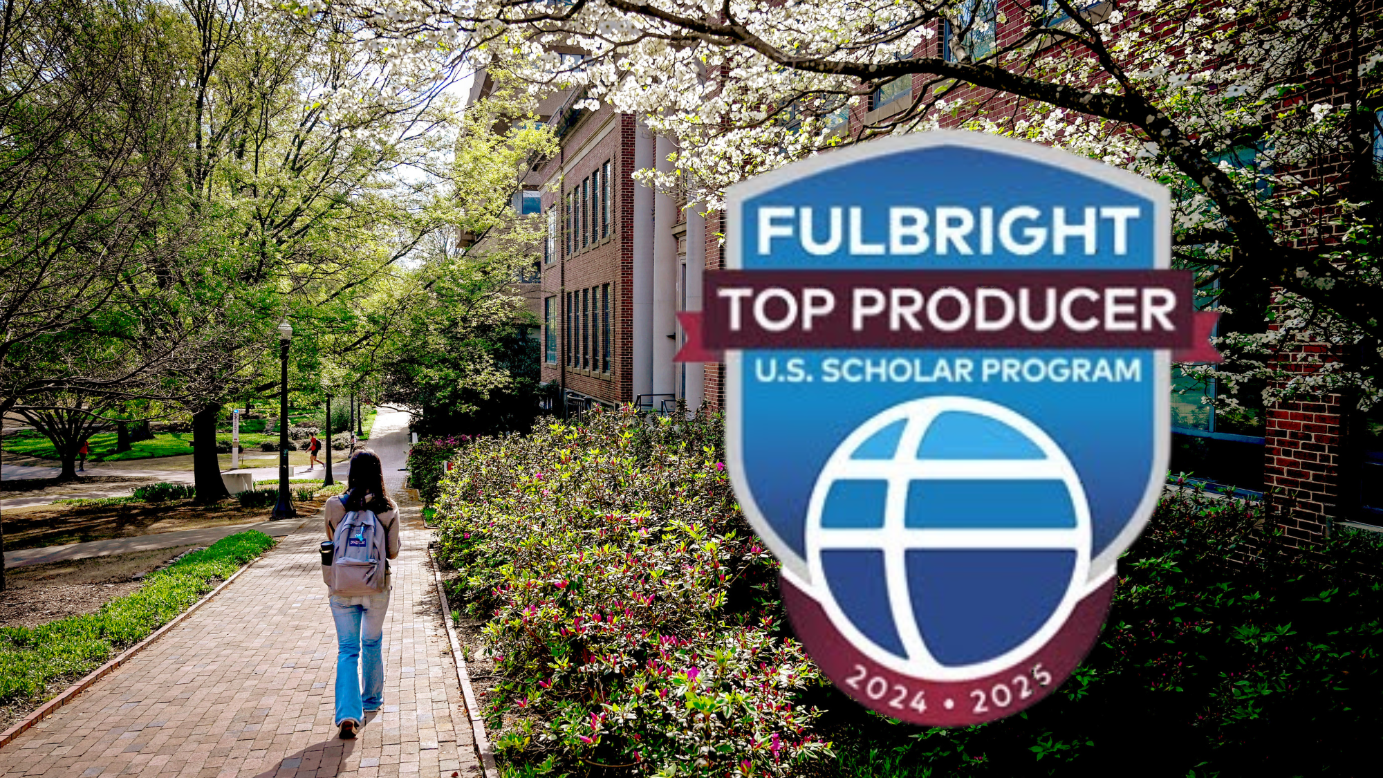 An image of a student walking in the springtime with an image that says "Fulbright Top Producer" 