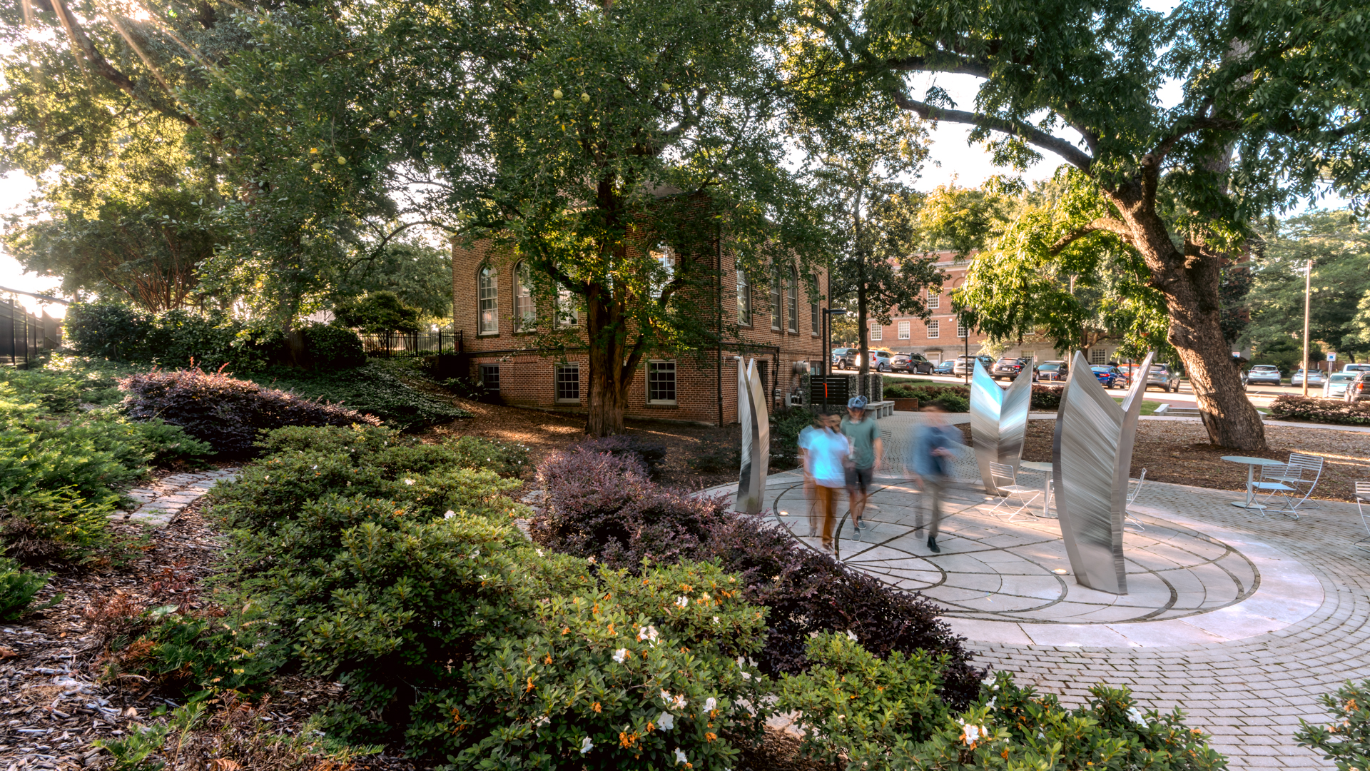 An image of the Global Courtyard outside of Primrose Hall, which is where the Office of Global Engagement is housed.