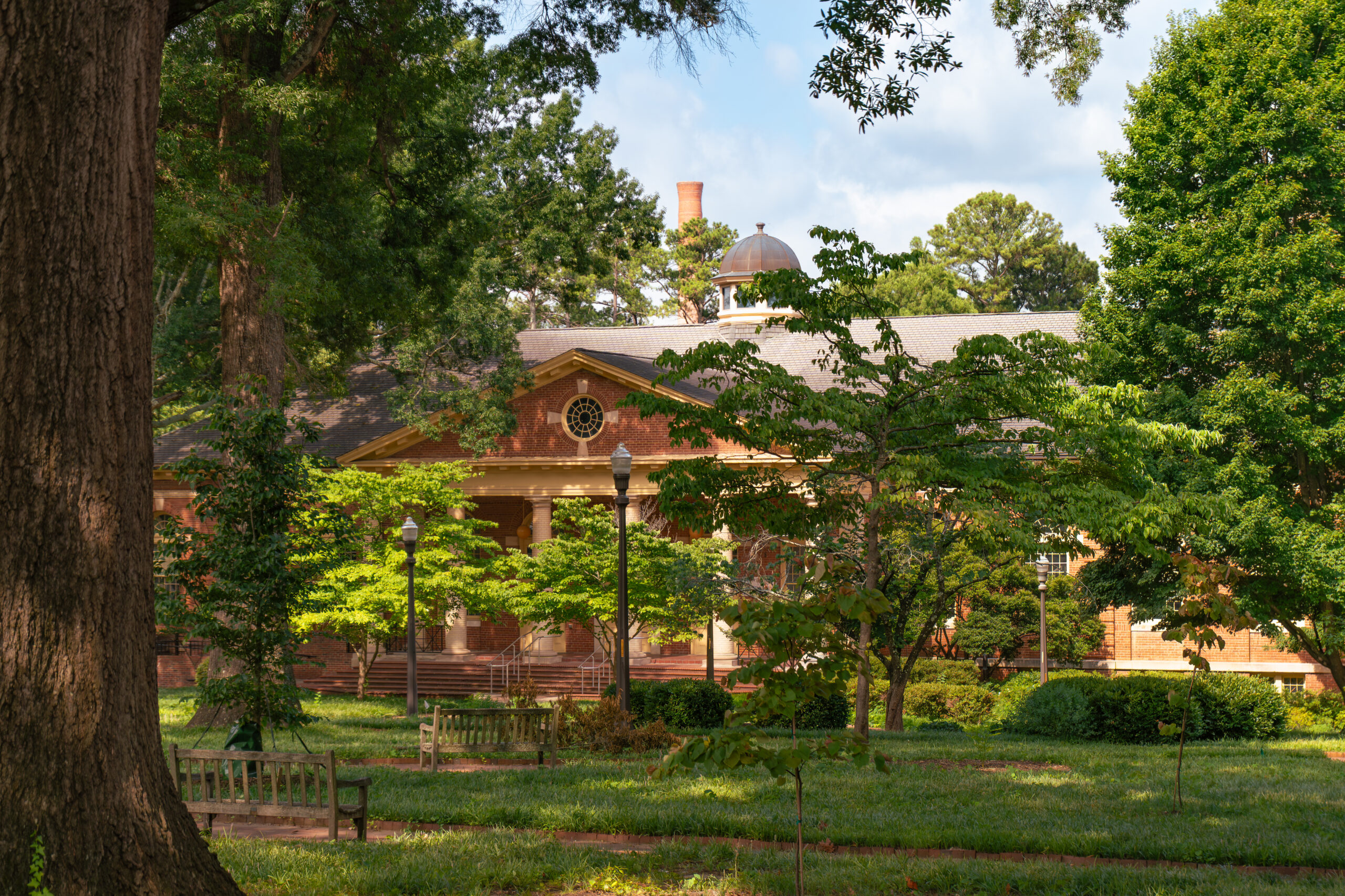 Leazar Hall in the summer, surrounded by trees and lamp posts