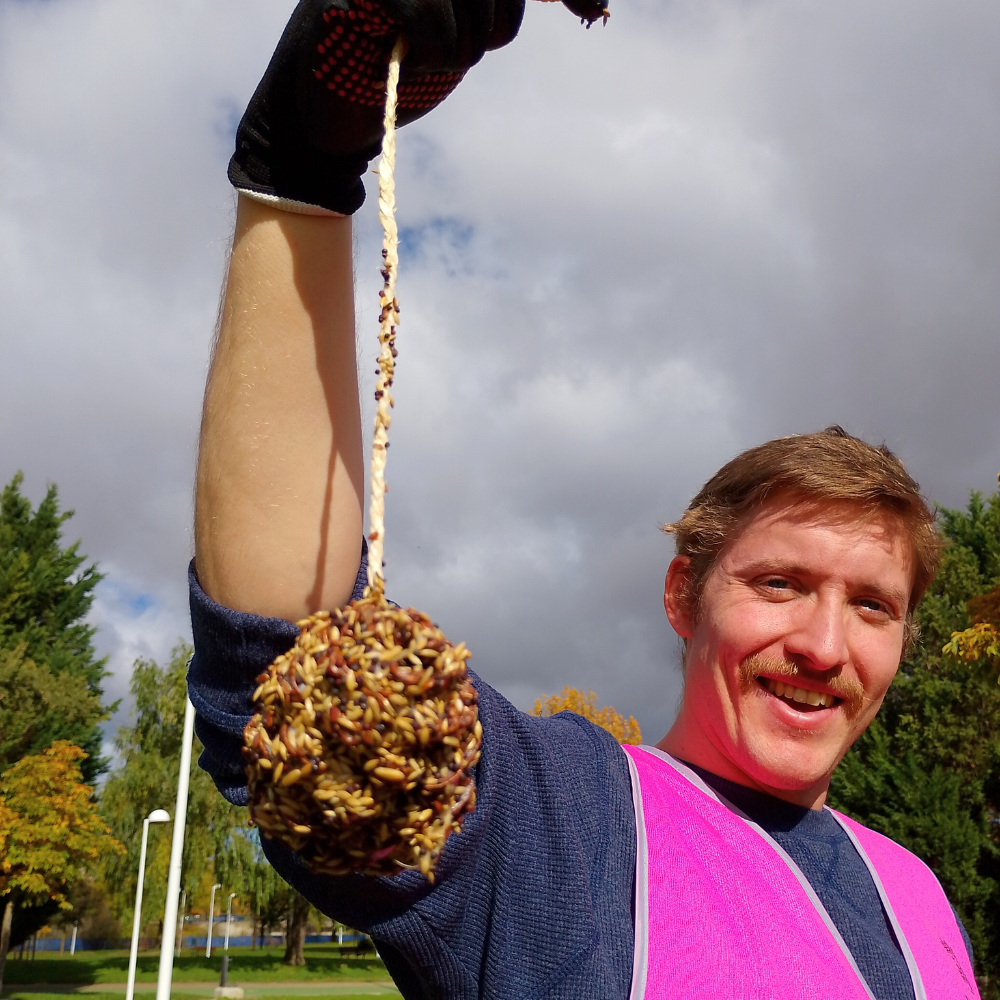 connor moore holding up bird seed on a string while outside volunteering in Salamanca, Spain