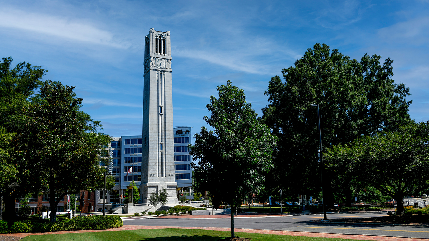 A wide shot of the belltower during August 2021.